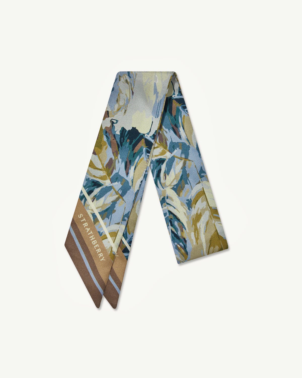 Strathberry silk skinny scarf with clay and blue abstract feather print.