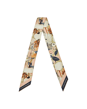 Silk skinny scarf with autumn floral print and contrast tipped ends.