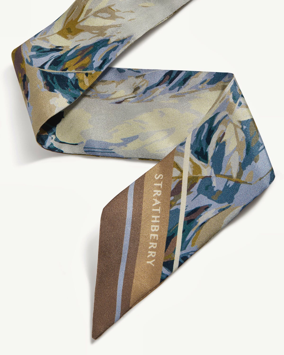 Strathberry silk skinny scarf in clay and blue abstract feather print