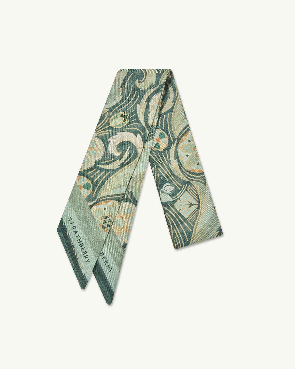 Sage green silk skinny scarf with decorative arcade print and Strathberry wordmark.