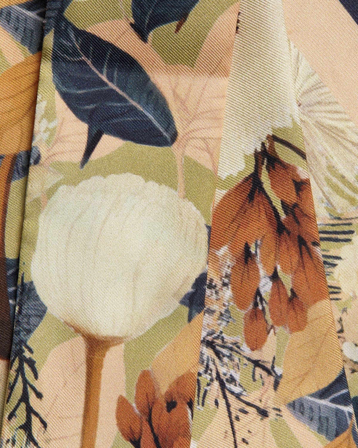 Silk skinny scarf showing autumn floral print in beige, olive, rust tones