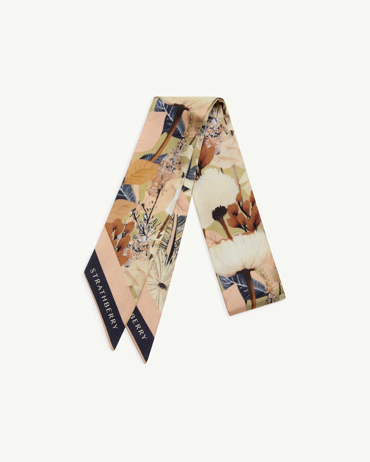 Silk skinny scarf in autumn floral print with Strathberry wordmark