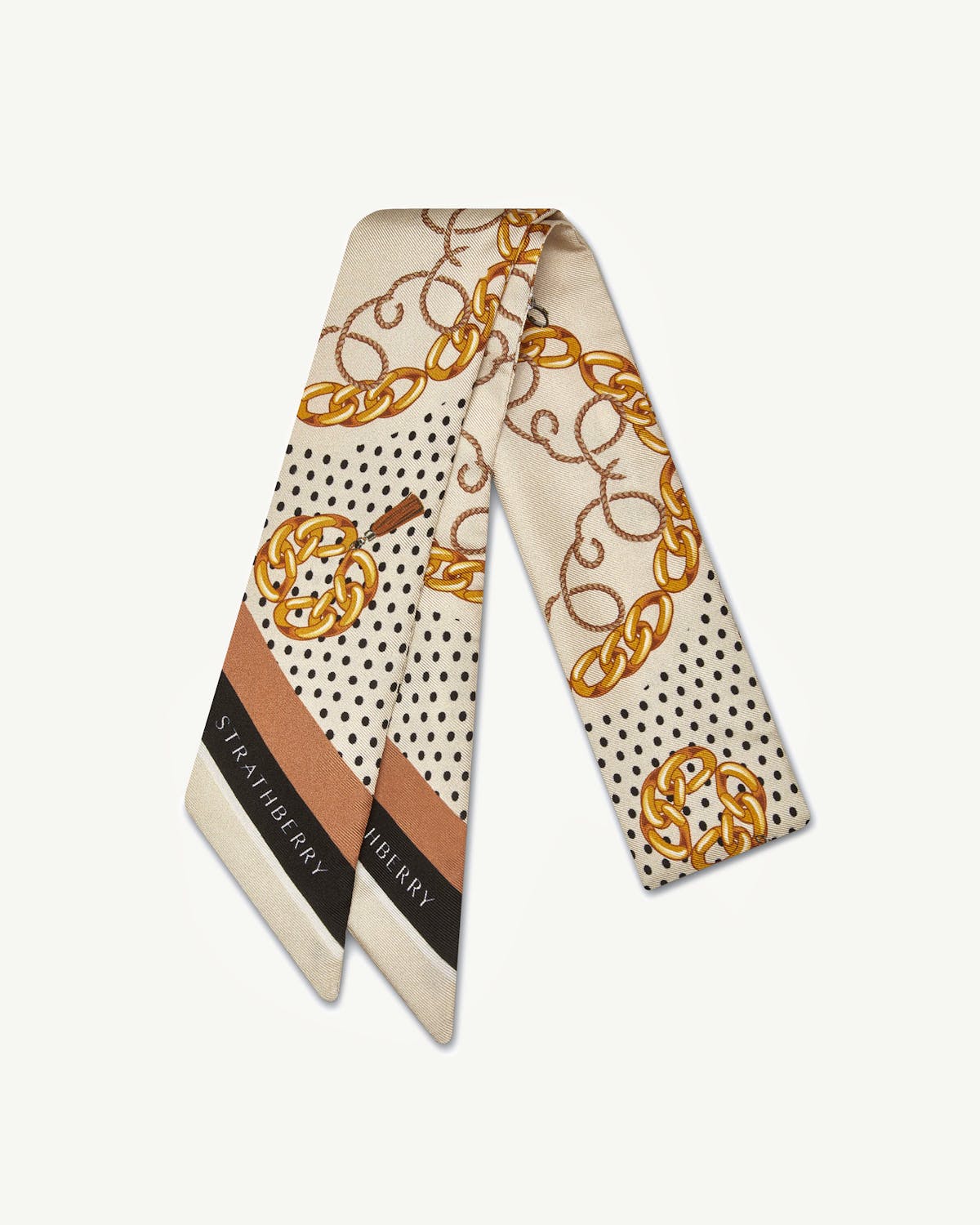 Silk skinny scarf with tan chain and black polka-dot print, Strathberry logo.