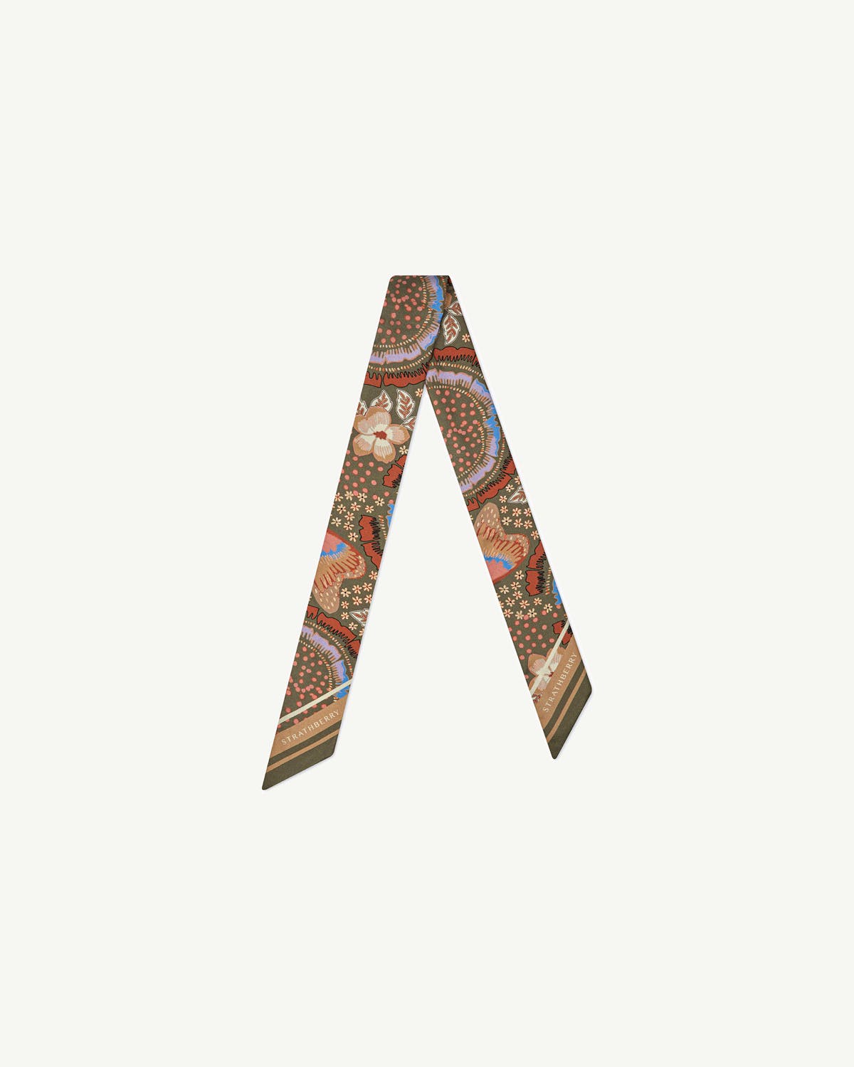 Khaki and caramel silk skinny scarf with floral embroidery and visible Strathberry logo.