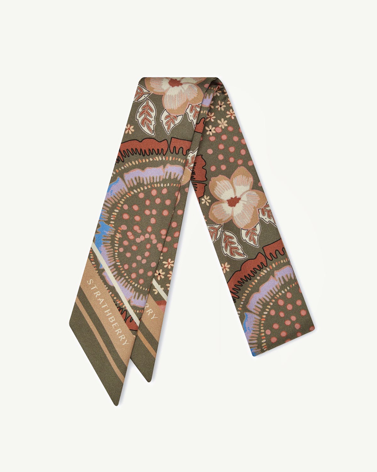 Strathberry silk skinny scarf with floral embroidery print in khaki and caramel