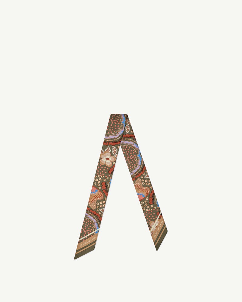 Strathberry silk skinny scarf in embroidery print khaki and caramel