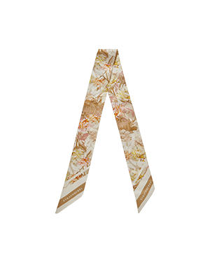 Floral print vanilla and pink silk skinny scarf with tapered ends.
