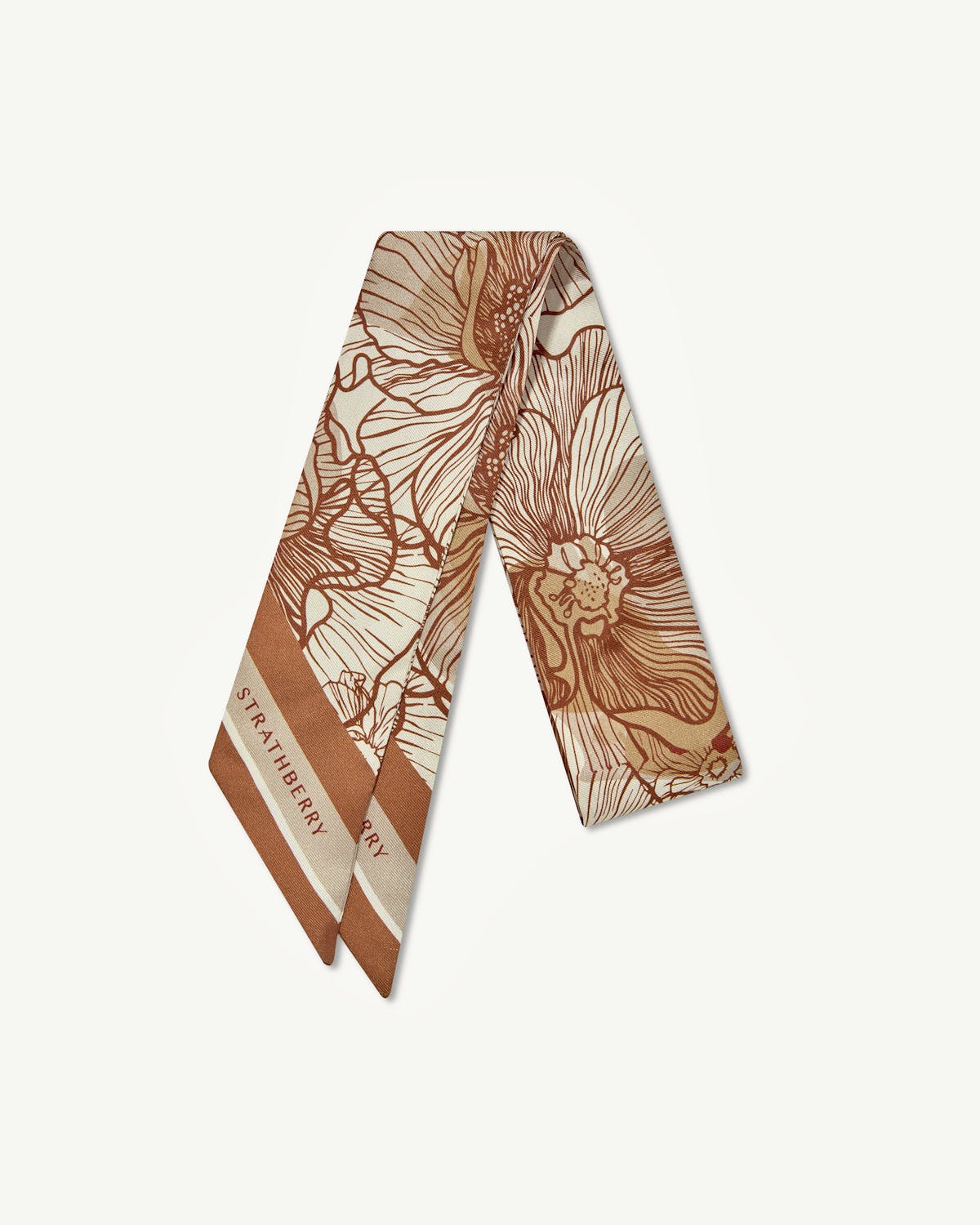 Floral chestnut and vanilla silk skinny scarf with Strathberry wordmark