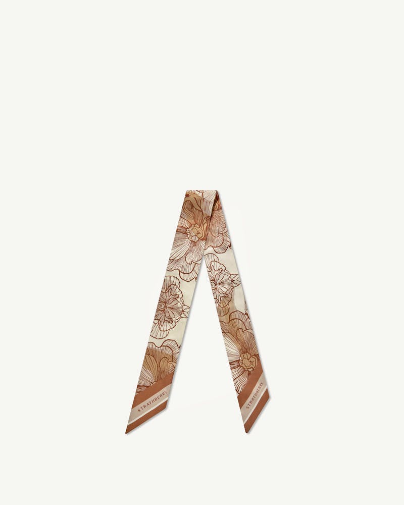Floral chestnut and vanilla silk skinny scarf with Strathberry wordmark