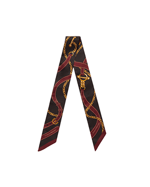 Oxblood and espresso silk skinny scarf with gold chain and belt print.