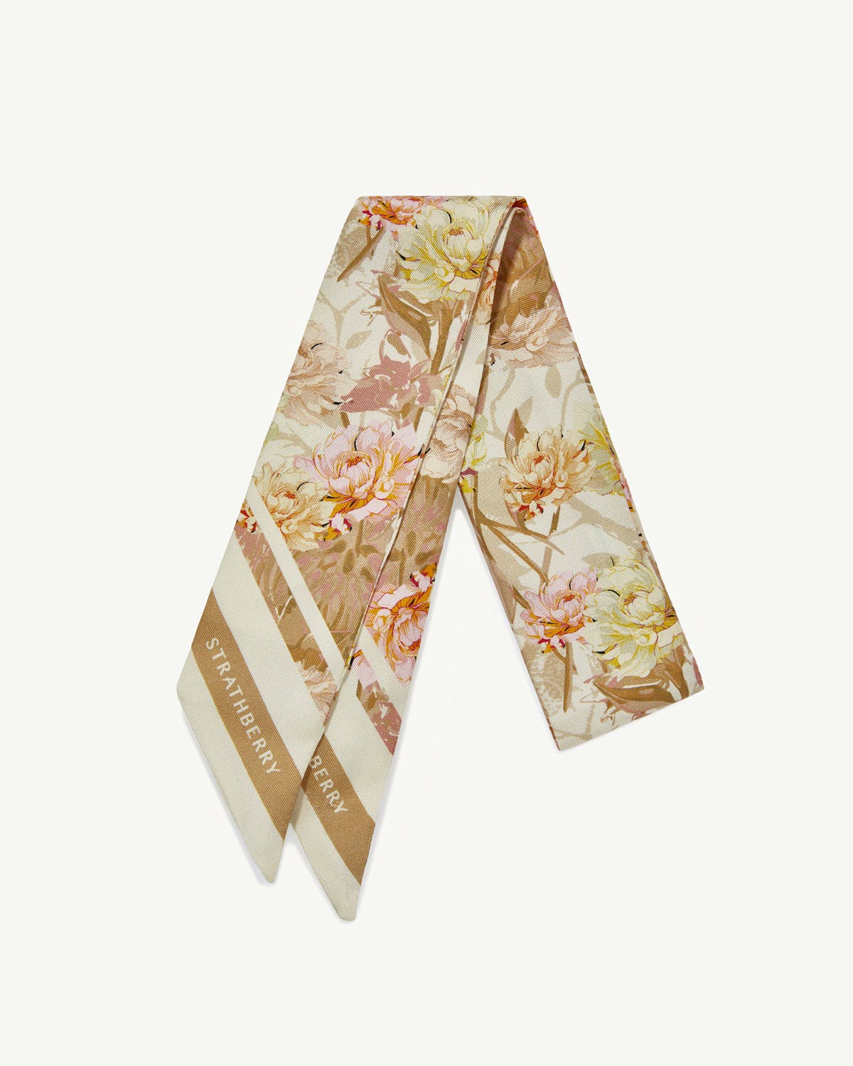 Floral print vanilla and pink silk skinny scarf folded, showing Strathberry logo.