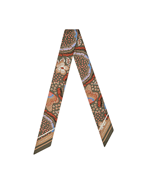 Silk skinny scarf with embroidery print in khaki and caramel tones.