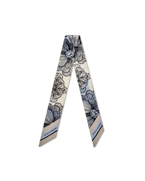 Blue and vanilla floral silk skinny scarf with Strathberry wordmark at ends.
