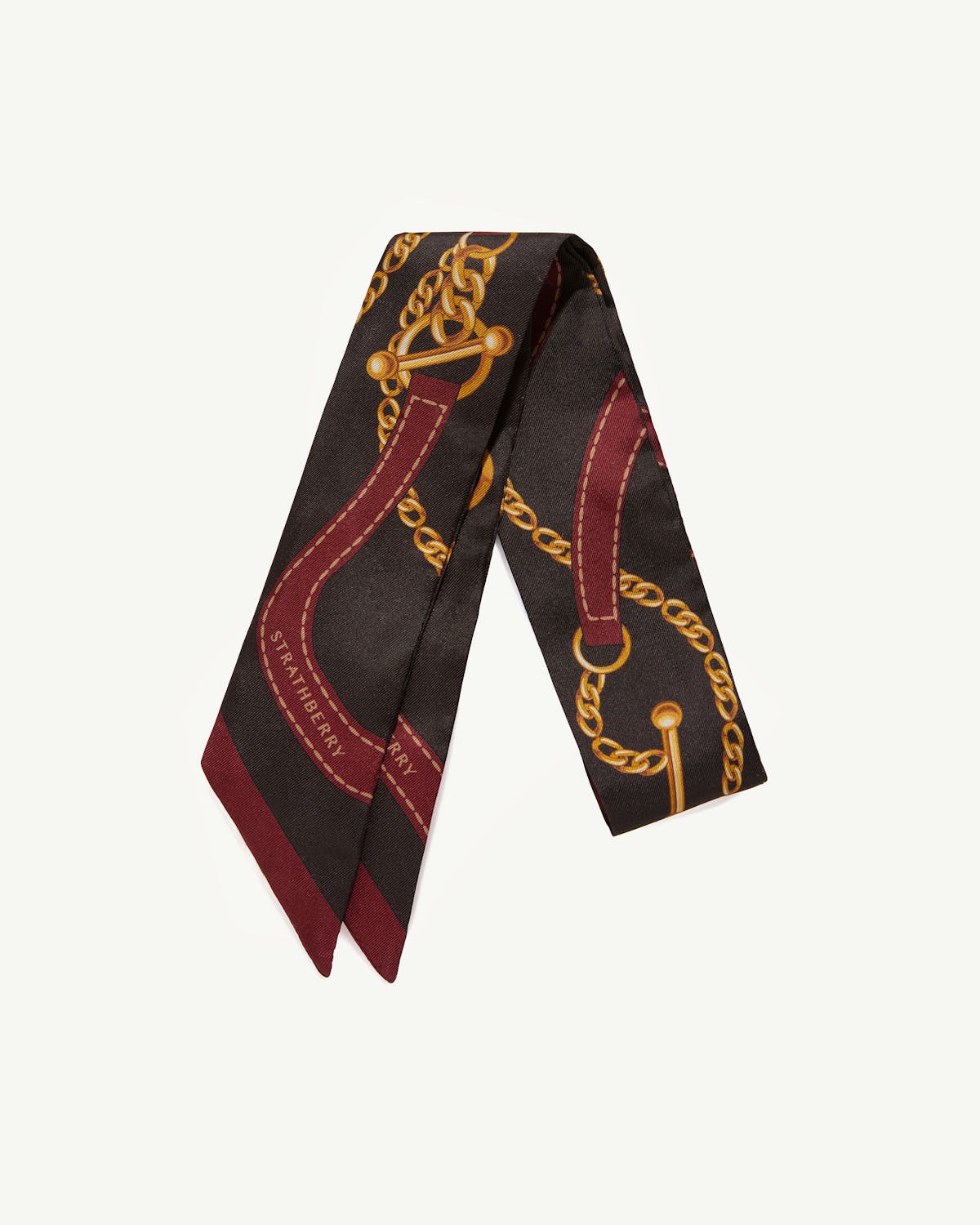 Oxblood and espresso silk skinny scarf with gold chain and belt print, Strathberry.