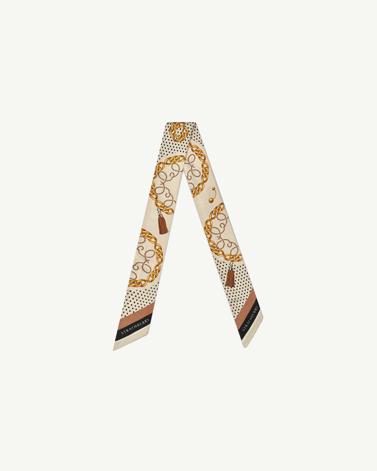 Strathberry silk skinny scarf in black and tan chain print with polka dots.