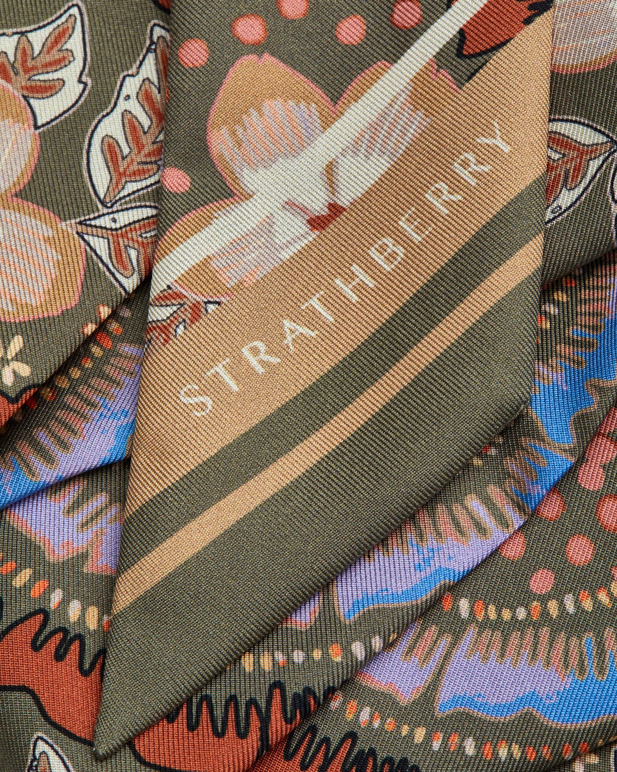 Folded silk skinny scarf with Strathberry logo, embroidery print in khaki and caramel.