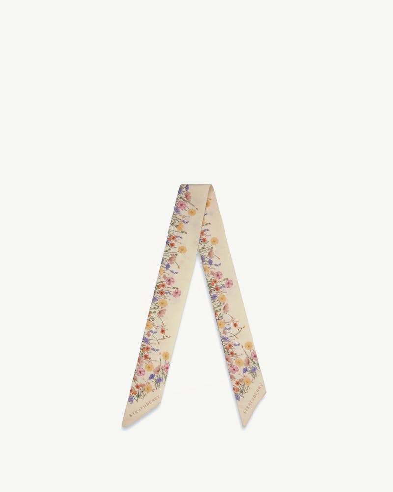 Silk skinny scarf in vanilla with frame floral print and Strathberry wordmark