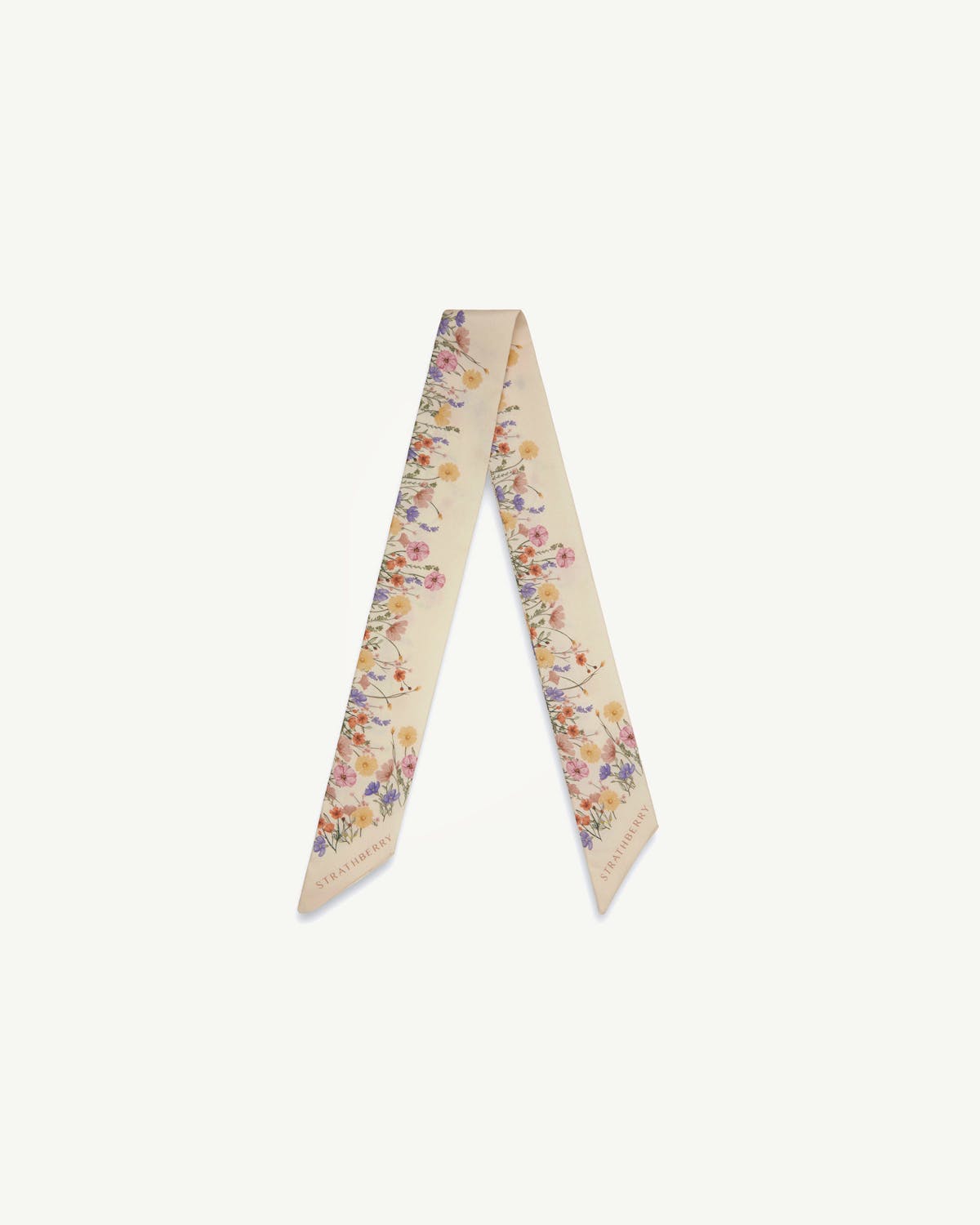 Vanilla silk skinny scarf with floral print and Strathberry logo at ends