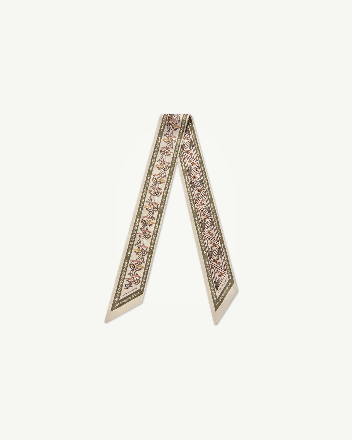 Strathberry skinny silk scarf with geometric vanilla and sage pattern, pointed ends.