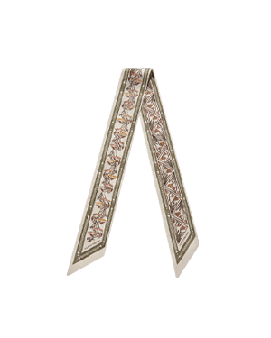 Silk skinny scarf in vanilla and sage geometric print with narrow printed border.