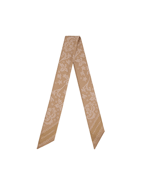 Rose lace silk skinny scarf with floral lace pattern, arranged in a V shape.