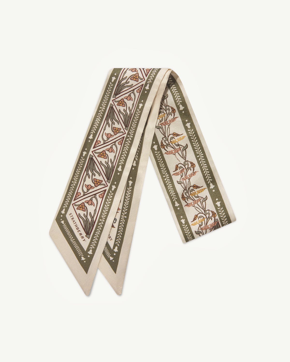 Silk skinny scarf with geometric vanilla and sage floral print, Strathberry logo.