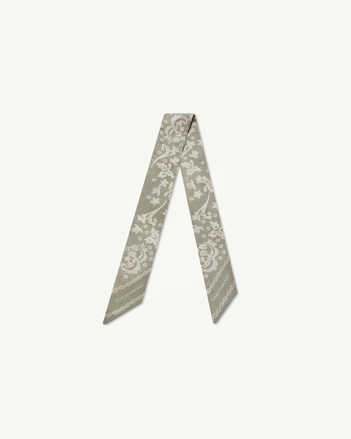 Sage silk skinny scarf with white lace print and Strathberry logo