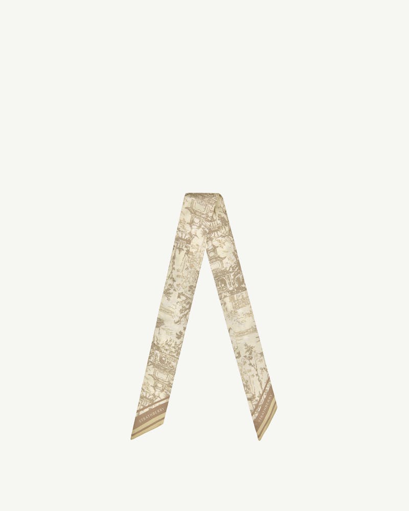 Oat and mushroom oriental print silk skinny scarf folded in V, Strathberry logo