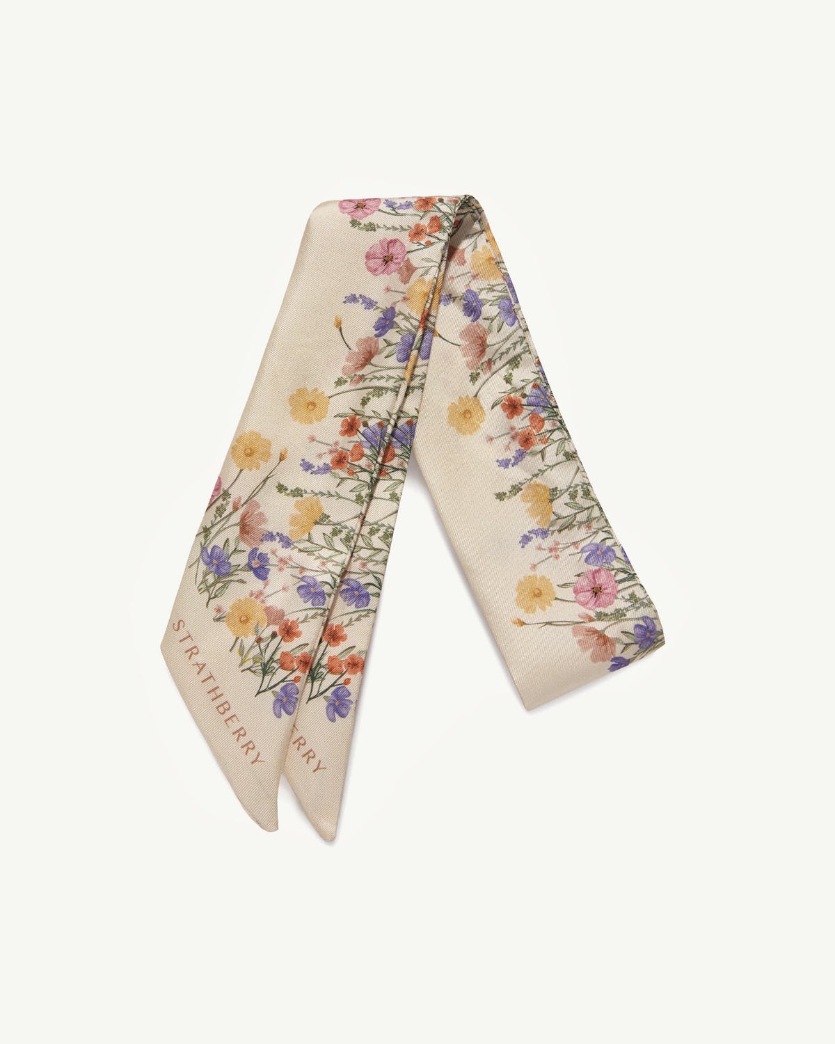 Strathberry silk skinny scarf in vanilla with multicoloured floral print.
