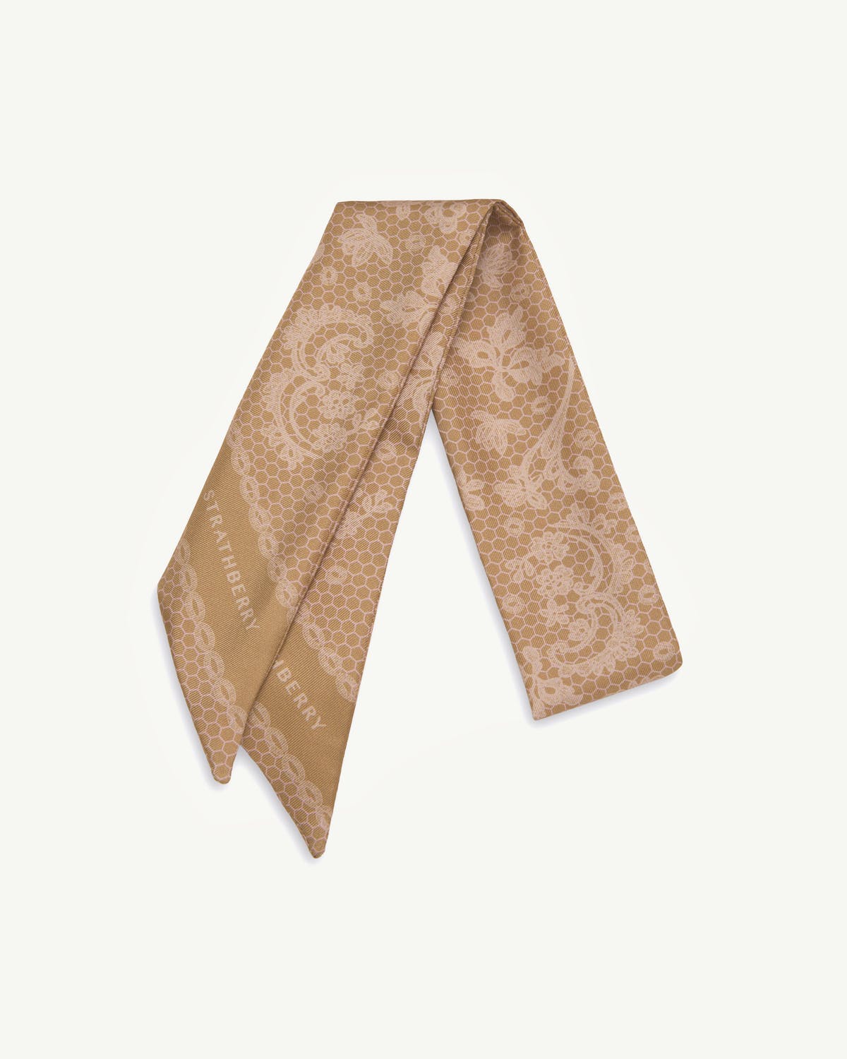 Strathberry silk skinny scarf in rose lace with floral lace pattern, folded flat