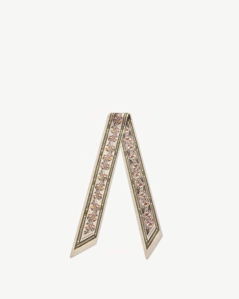 Strathberry geometric vanilla and sage silk skinny scarf folded into an inverted V