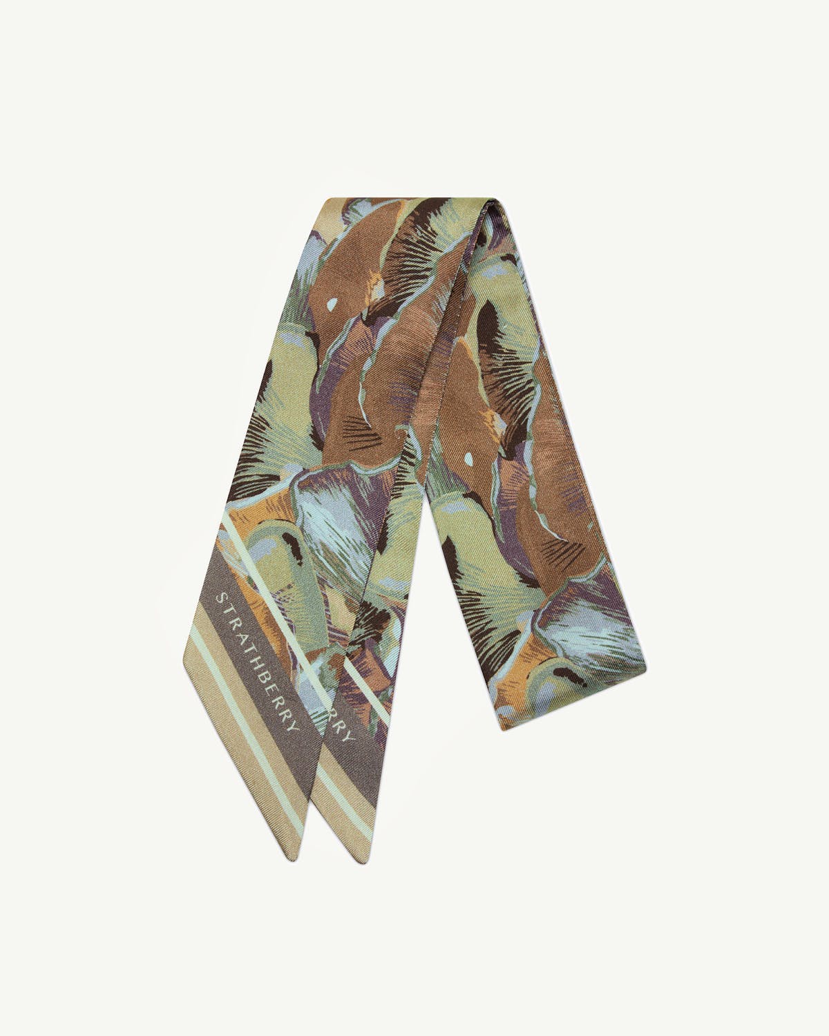 Silk skinny scarf in oat and mushroom print with Strathberry logo.