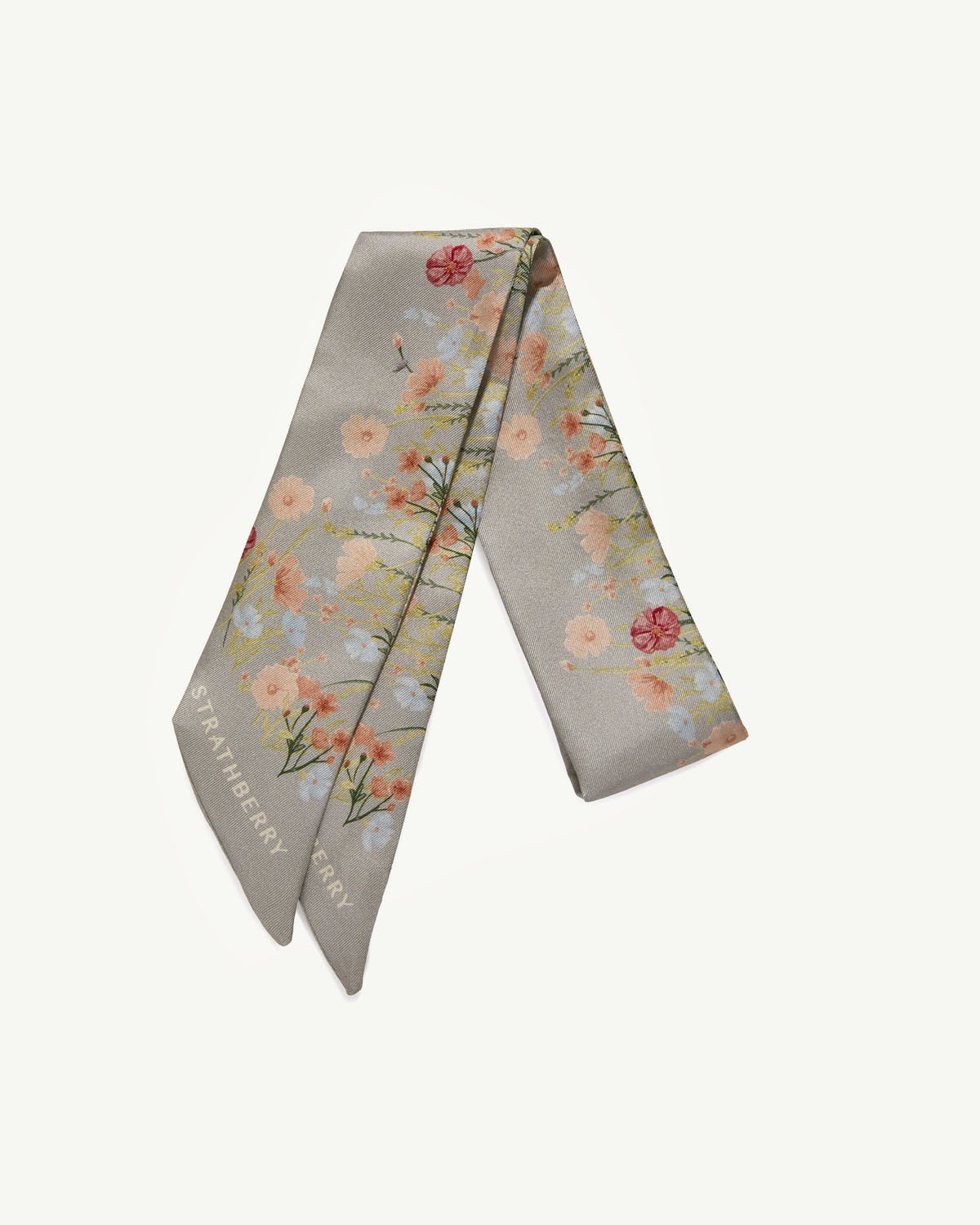Marble grey silk skinny scarf with peach and pale blue floral print, Strathberry logo