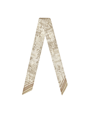 Oat and mushroom oriental print silk skinny scarf with pointed ends.