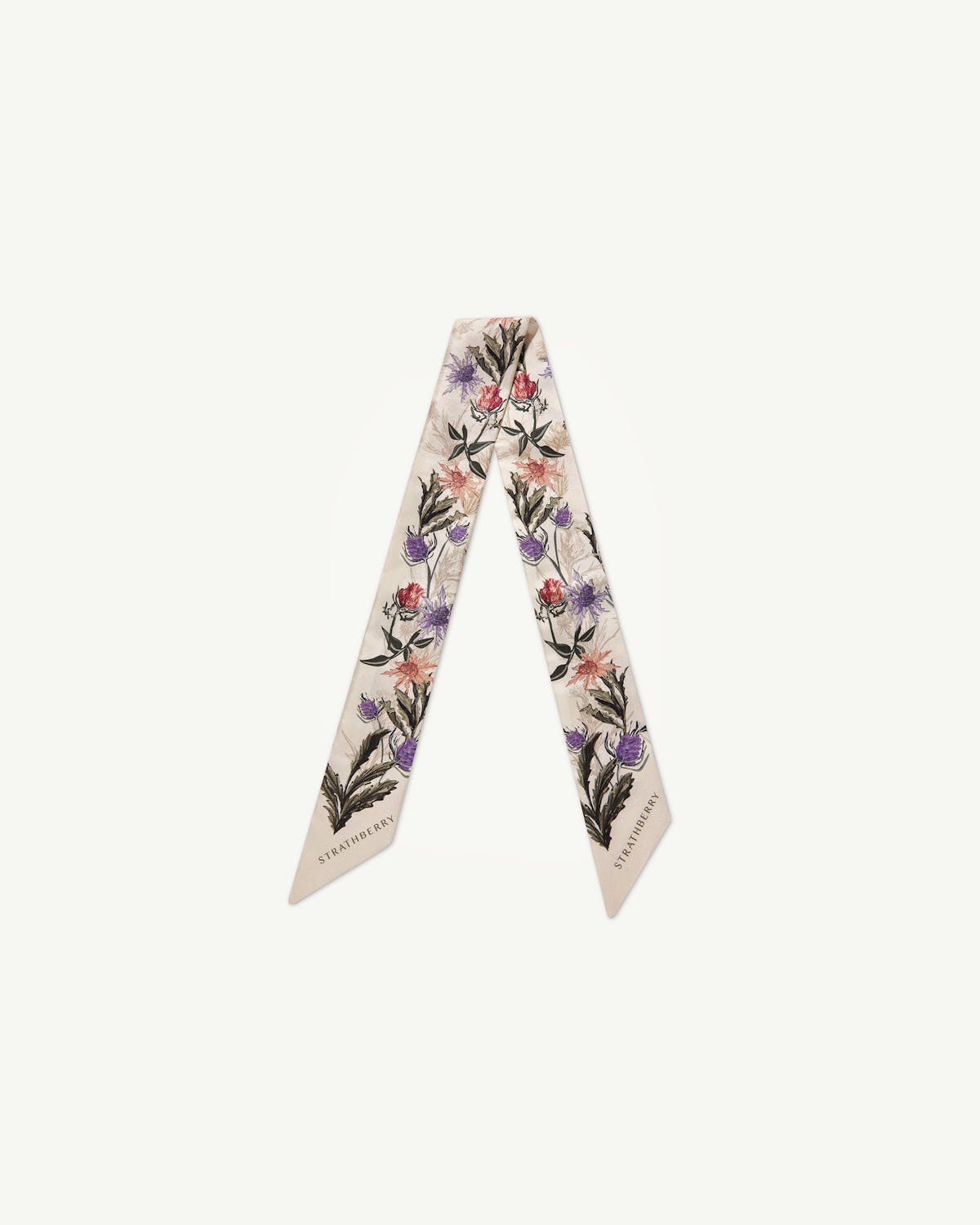 Strathberry silk skinny scarf in vanilla with forest green thistle print