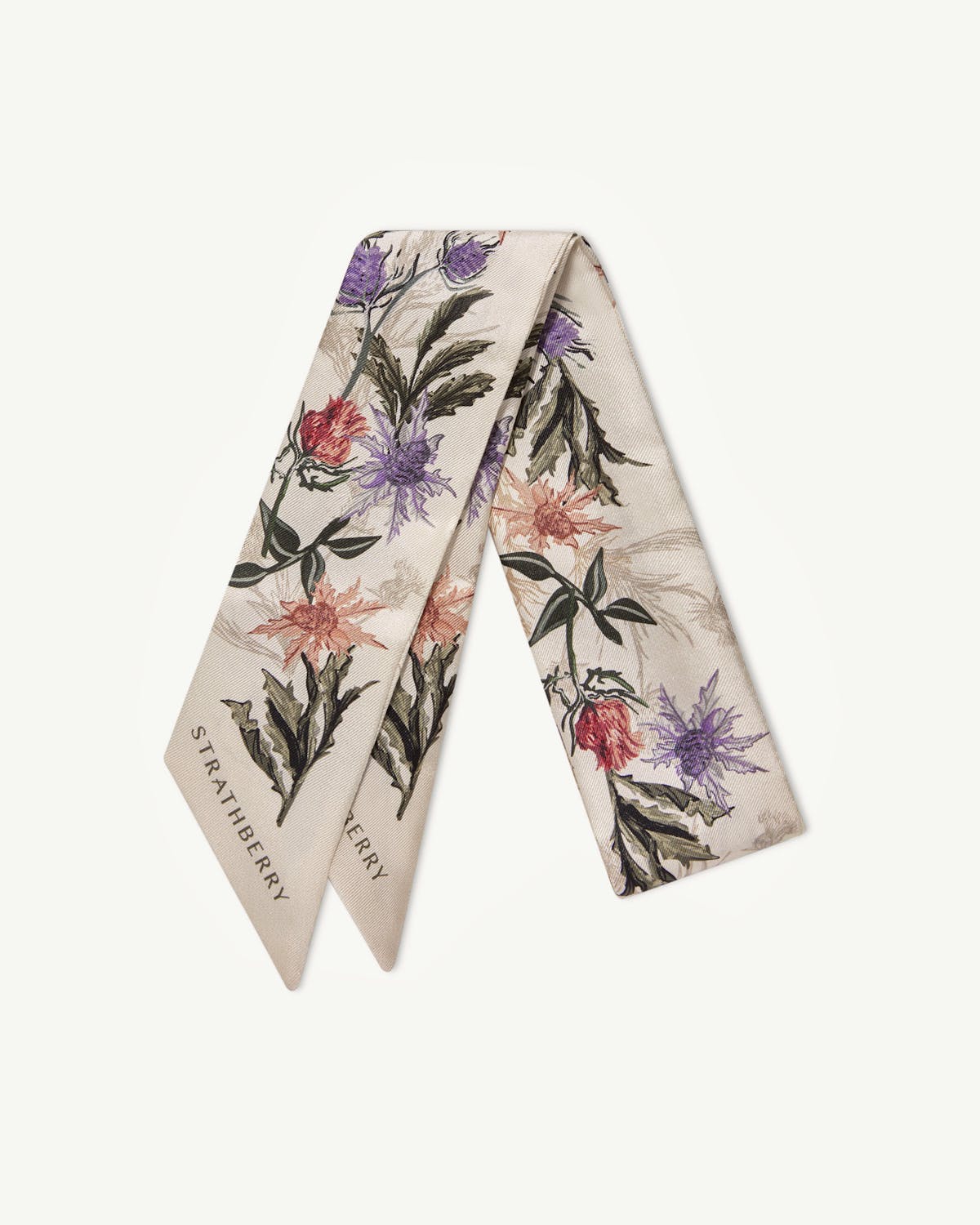 Strathberry silk skinny scarf in vanilla with forest green thistle floral print.