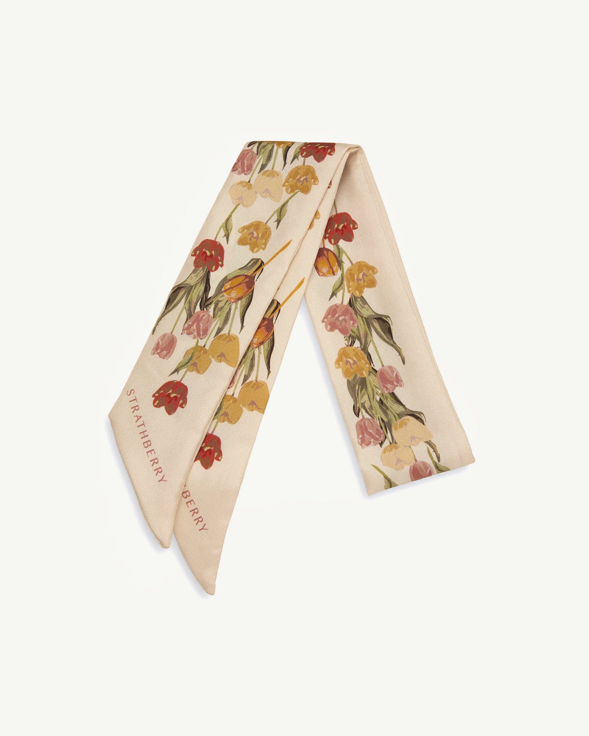 Vanilla silk skinny scarf with brûlée tulip print and Strathberry logo.