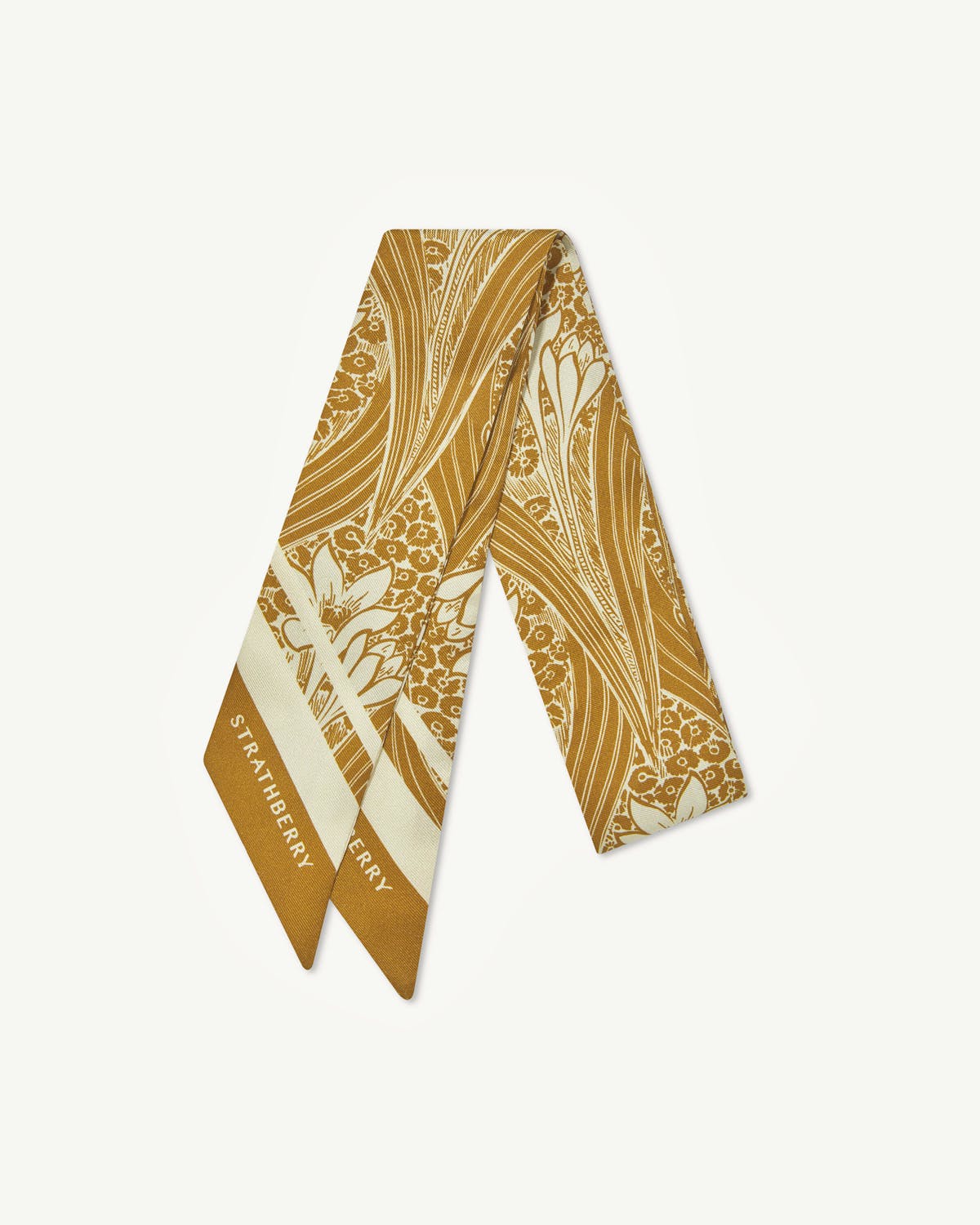 Mustard wallpaper print silk skinny scarf folded, Strathberry logo printed on tip.