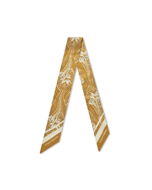 Mustard wallpaper print silk skinny scarf with patterned narrow pointed ends.