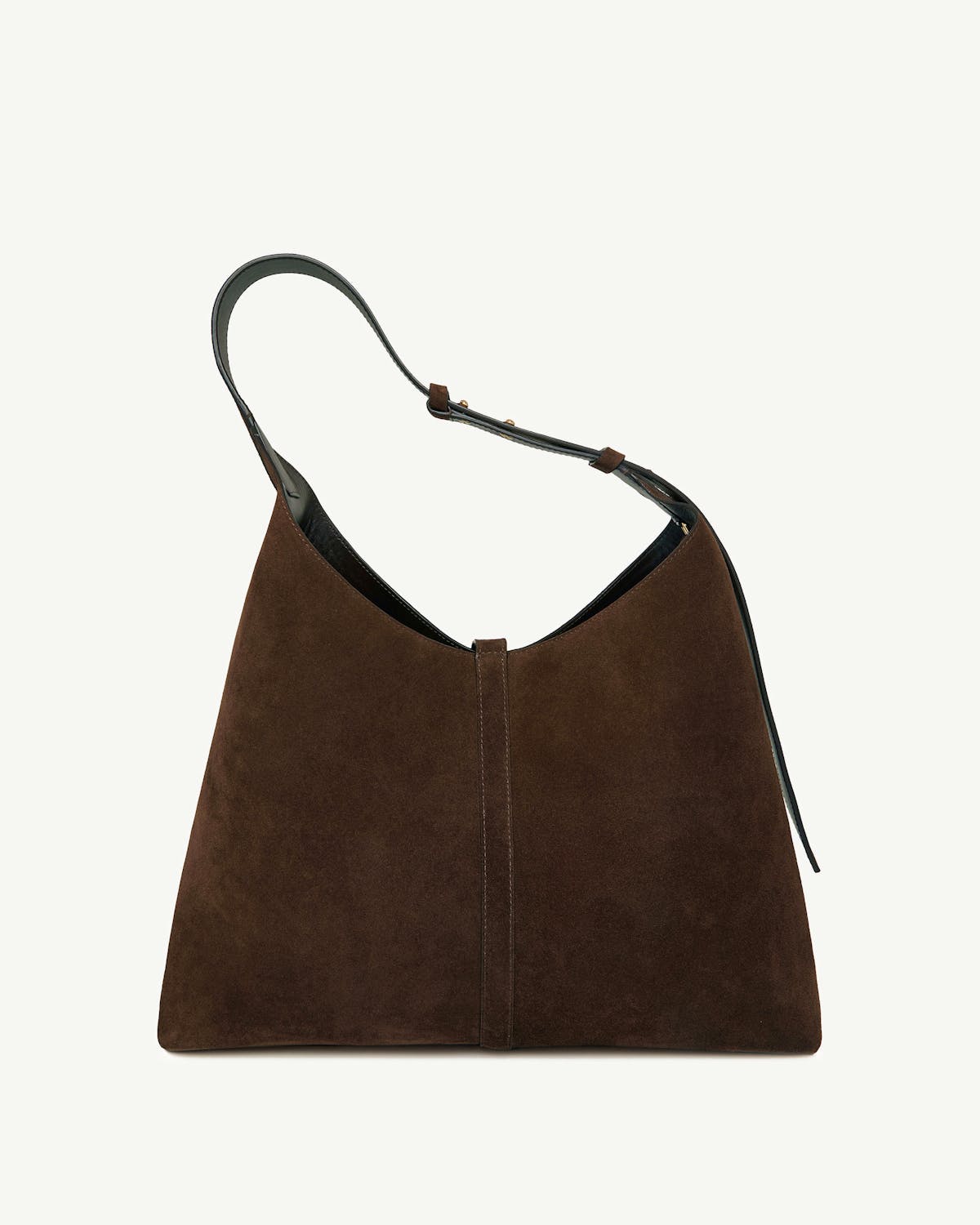 Chocolate suede Kite Hobo Maxi bag with single shoulder strap and central seam.