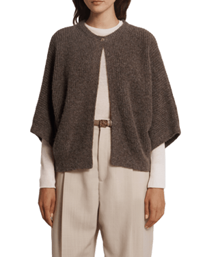 Ember cardigan in otter on model, open-front with short sleeves.