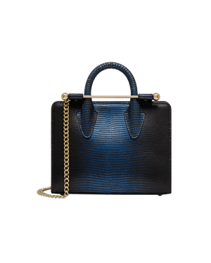Nano tote in blue lizard-embossed leather with gold bar, top handles, chain strap.