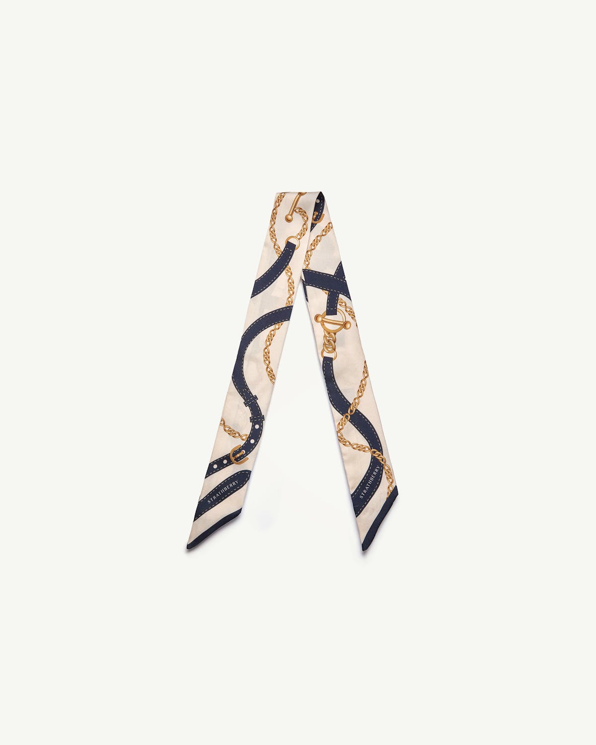 Navy and vanilla Strathberry silk skinny scarf with belt and gold chain print