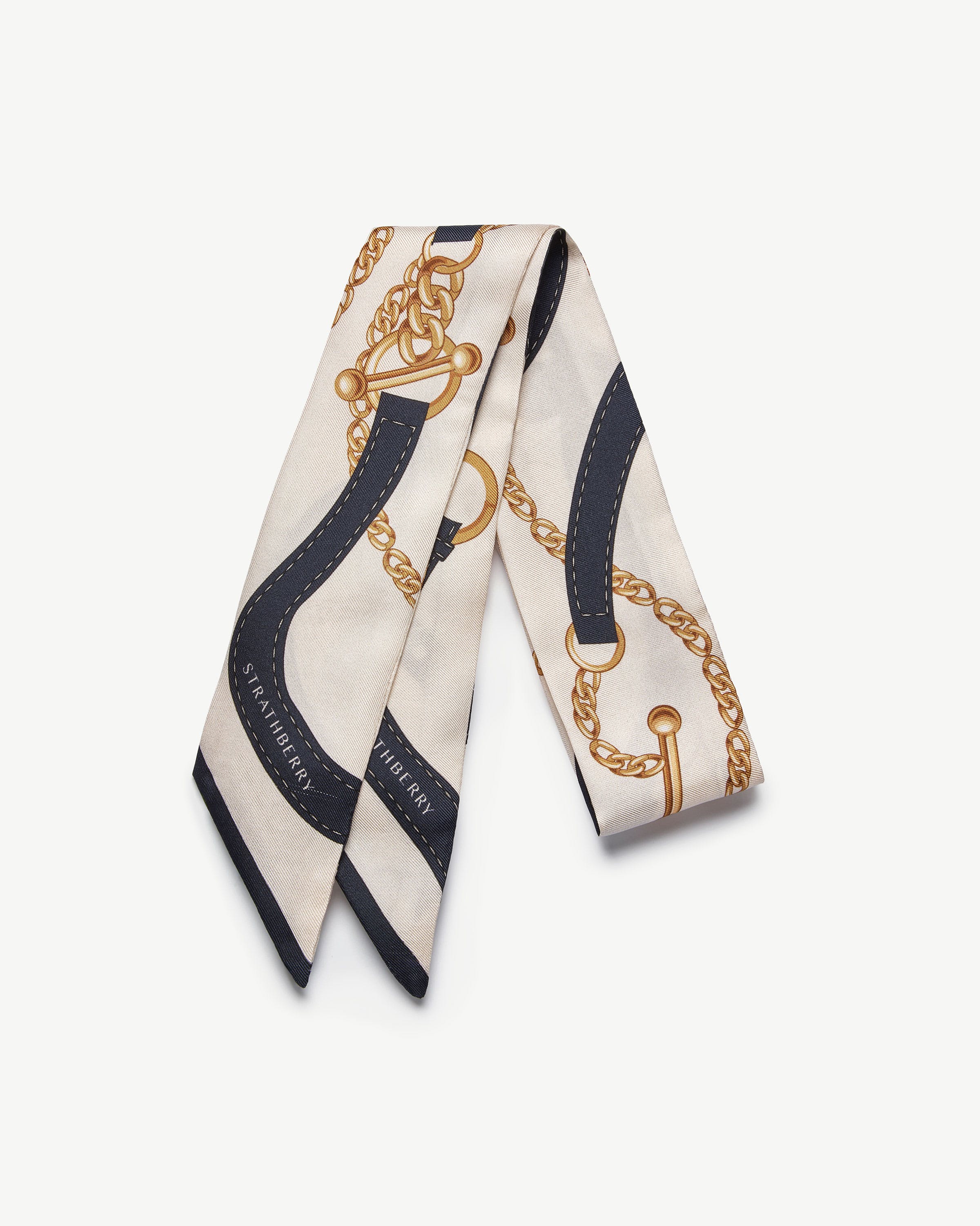 Silk Skinny Scarf - Navy/Vanilla Belt Print | Strathberry