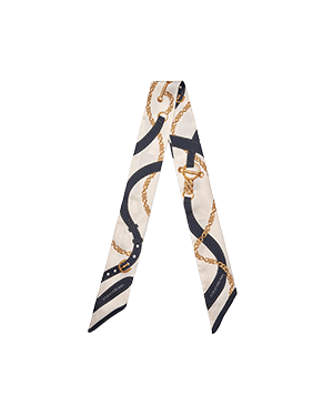 Navy and vanilla silk skinny scarf with gold chain and belt print.