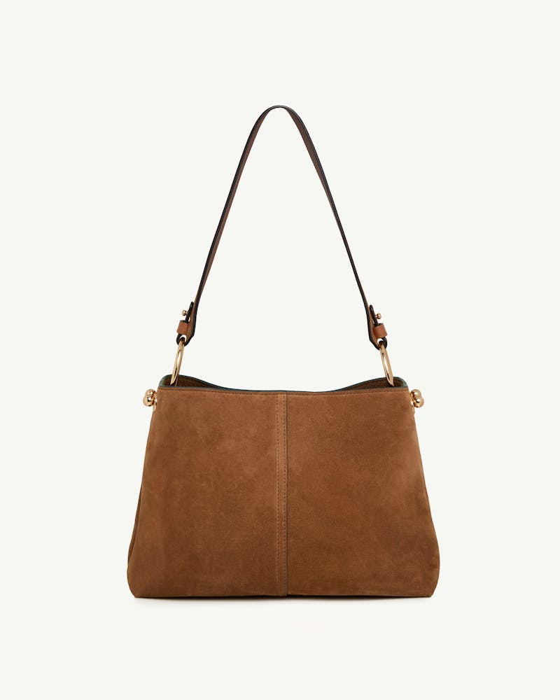 Tan suede hobo bag with single shoulder strap and gold-coloured hardware.