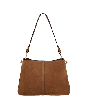 Tan suede hobo bag with single shoulder strap and gold-tone hardware.