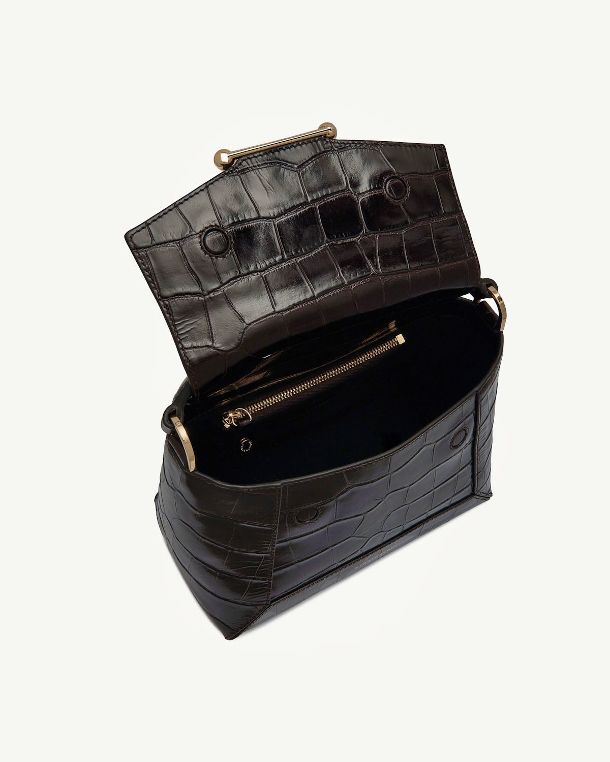 Open croc-effect mosaic bag showing interior, zip pocket, and gold-tone hardware.