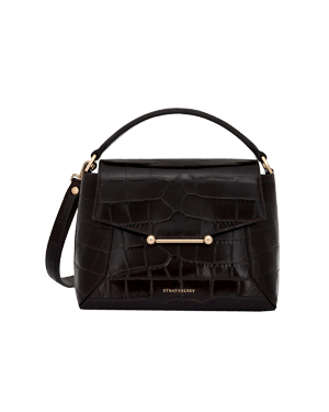 Strathberry black croc-embossed mosaic bag with top handle, shoulder strap, gold bar detail
