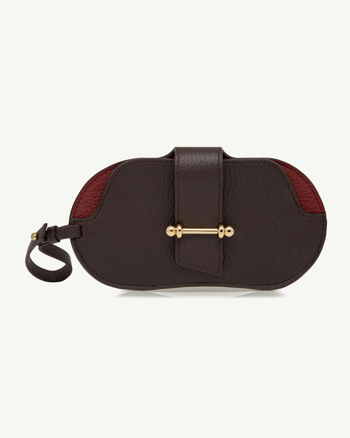 Espresso and oxblood leather sunglasses case with gold bar closure and strap
